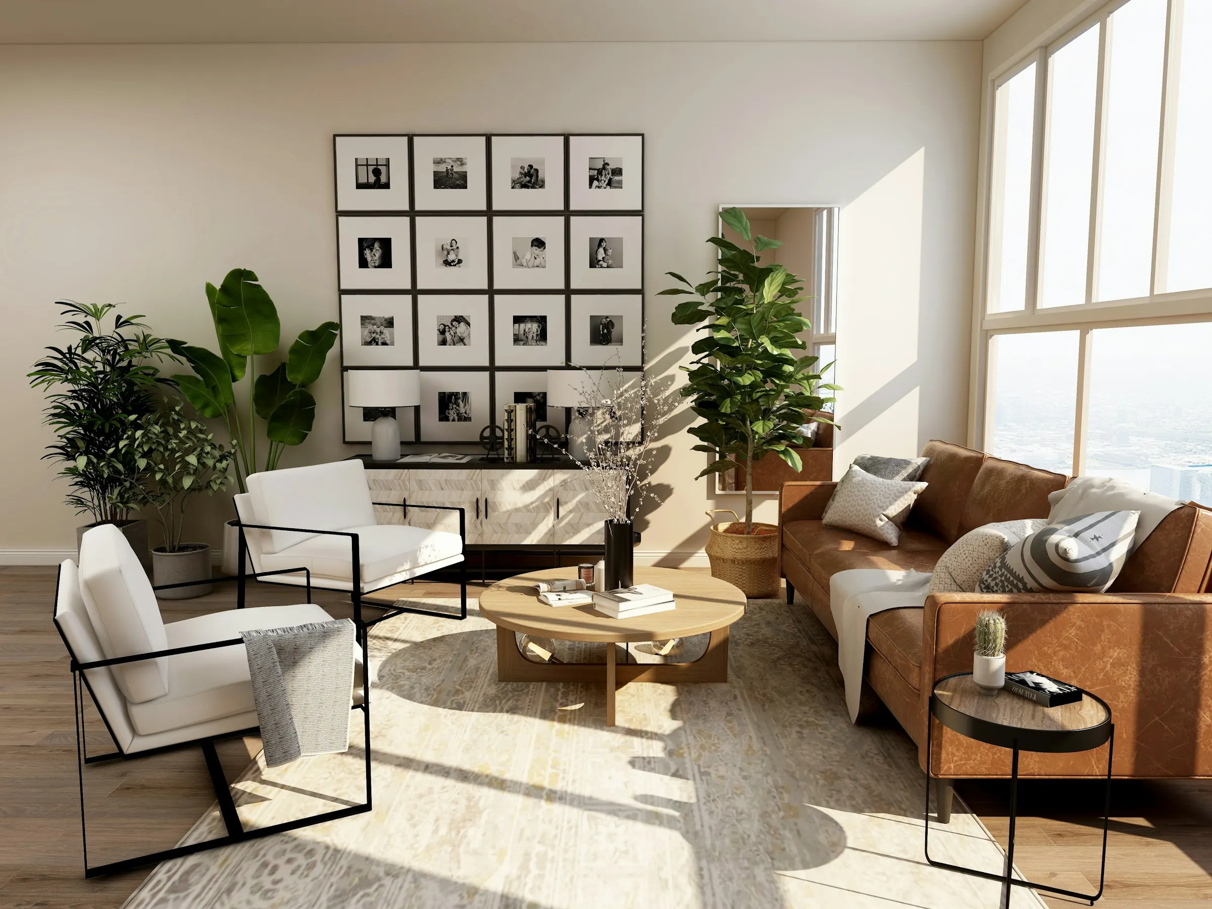 Bright open-plan living room interior with large windows and natural light in a contemporary residential property