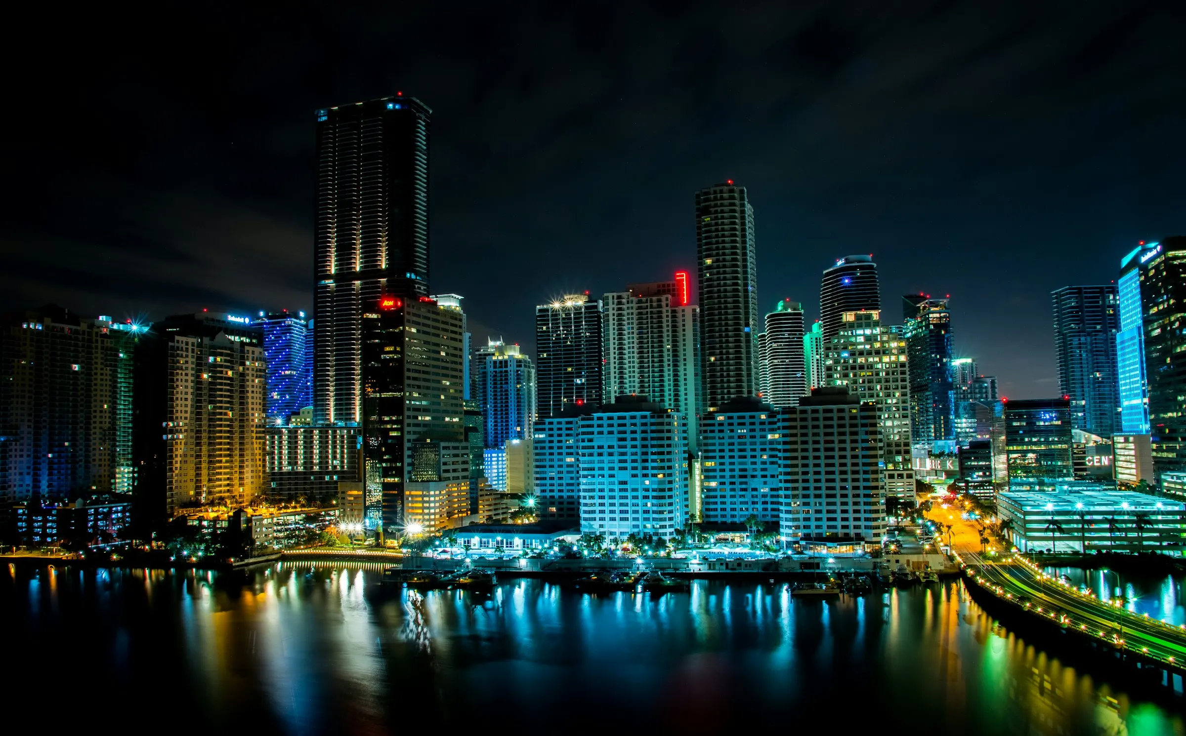 Miami, Florida waterfront skyline with condo towers along Biscayne Bay